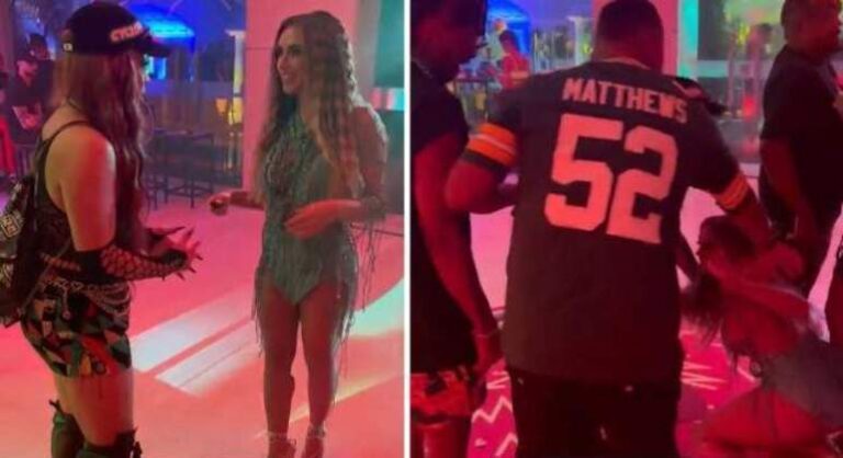 A queda! Nicole Bahls sofre acidente em festa ao ir falar com Gloria Groove