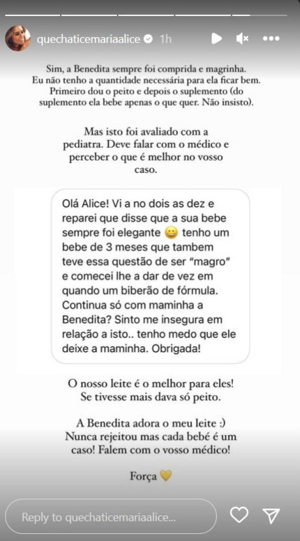 Alice Alves sobre filha bebé: "A Benedita sempre foi comprida e magrinha"