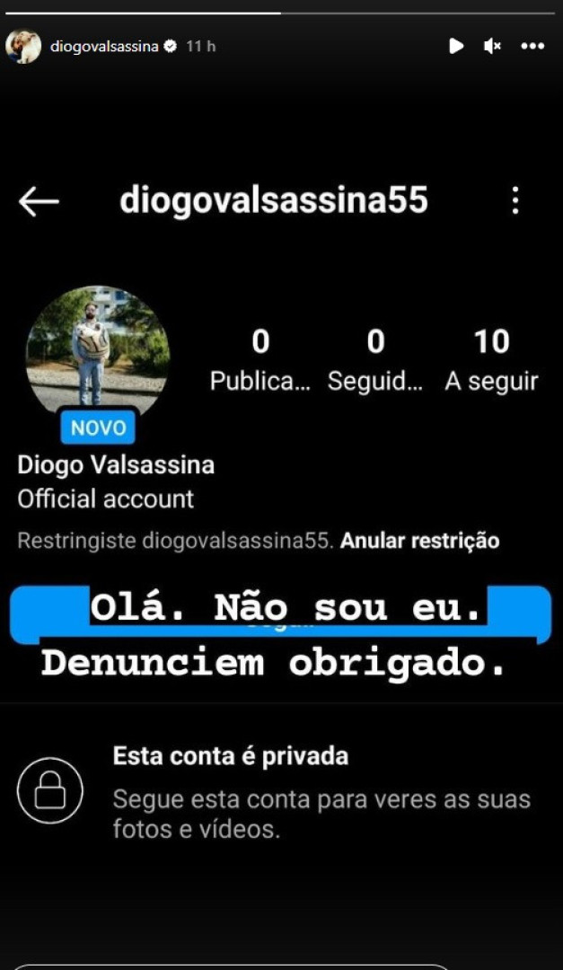 Diogo Valsassina denuncia conta falsa no Instagram