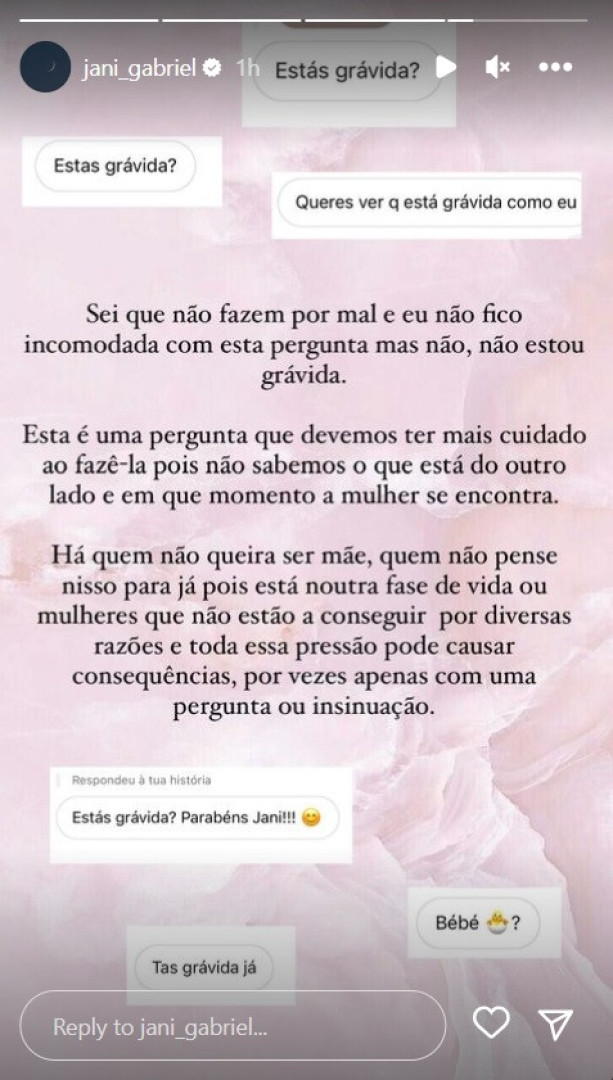 "Estás grávida". A resposta (e o aviso) de Jani Gabriel