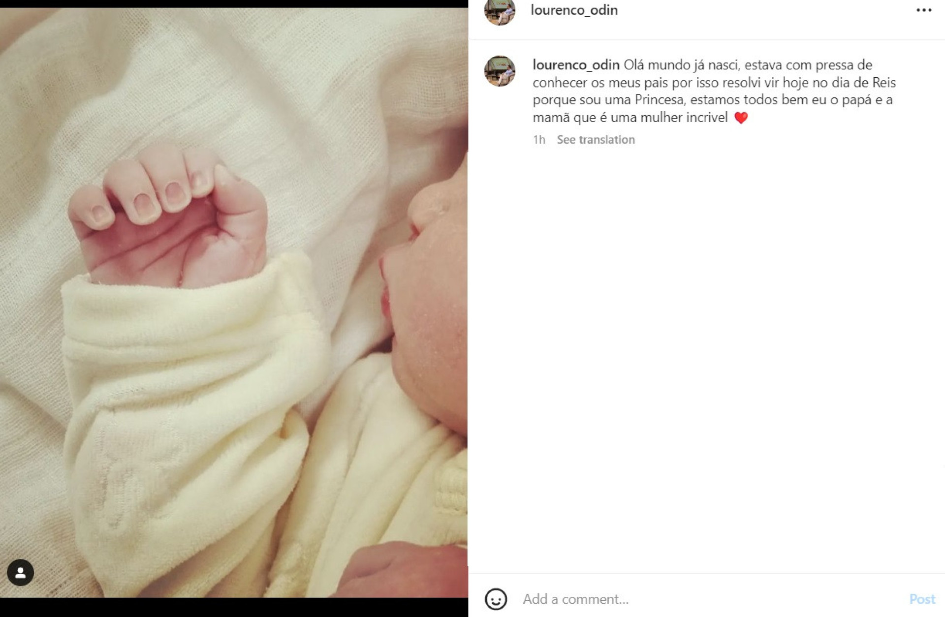 Filha de Lourenço Ódin Cunha, ex-'Casa dos Segredos', já nasceu