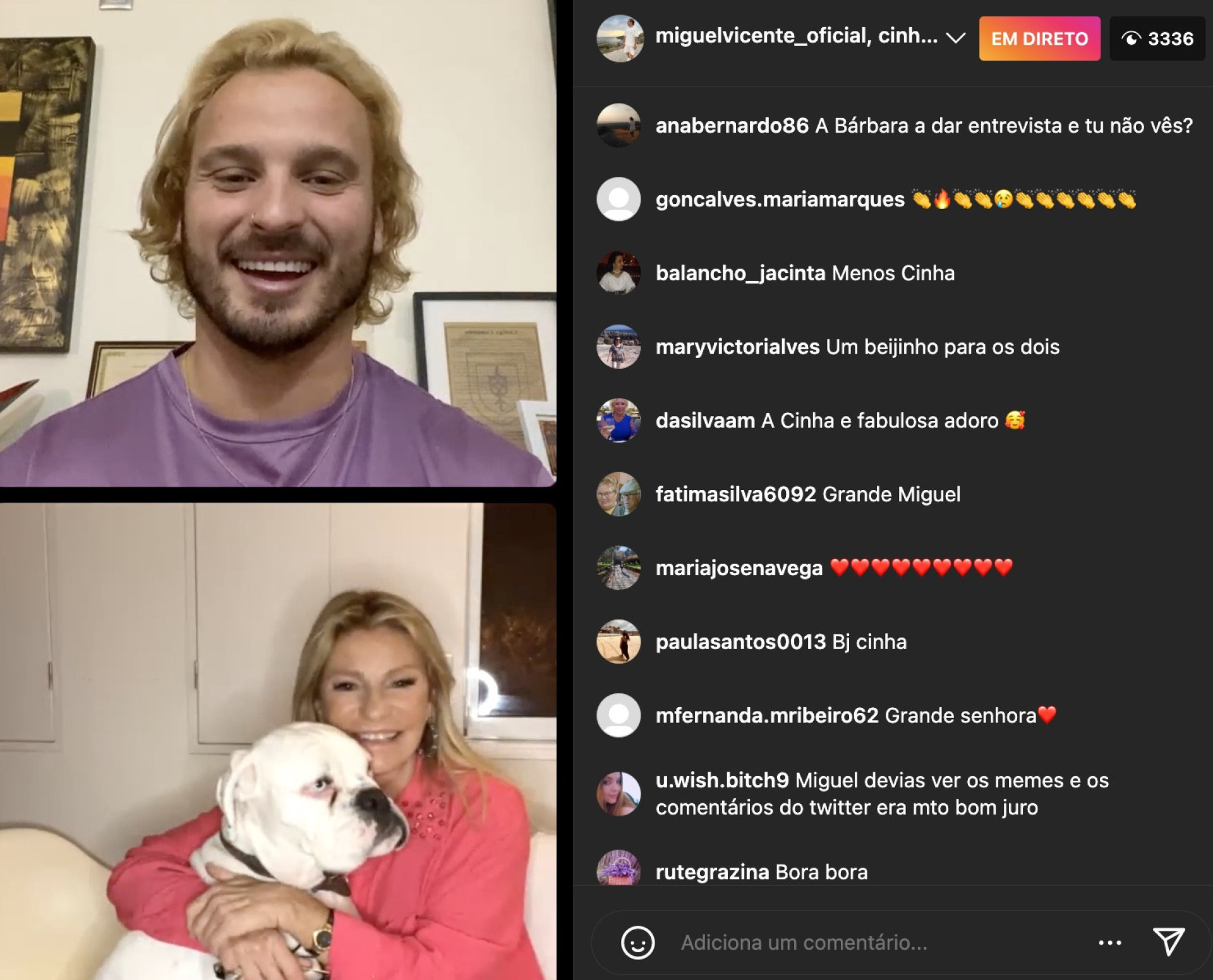 Miguel Vicente faz direto no Instagram com a fã Cinha Jardim