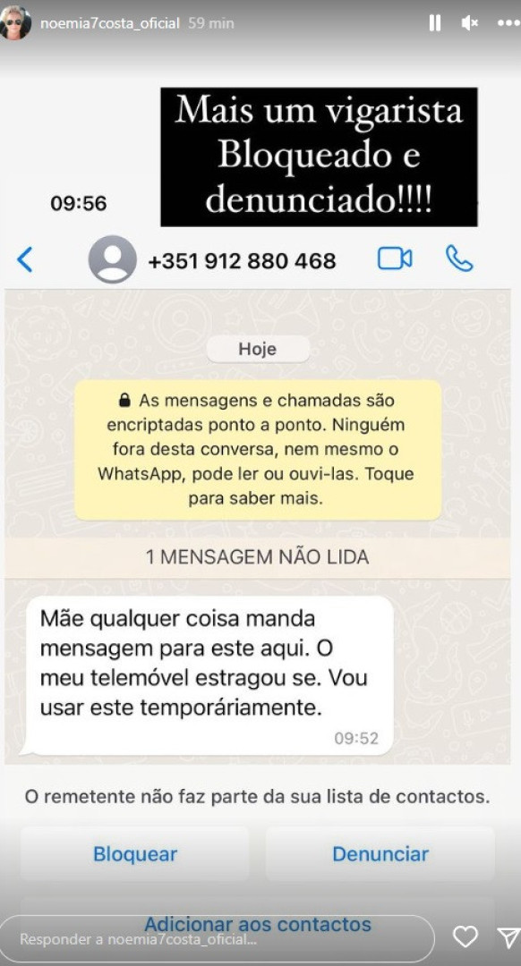 Noémia Costa denuncia: "Mais um vigarista. Bloqueado"