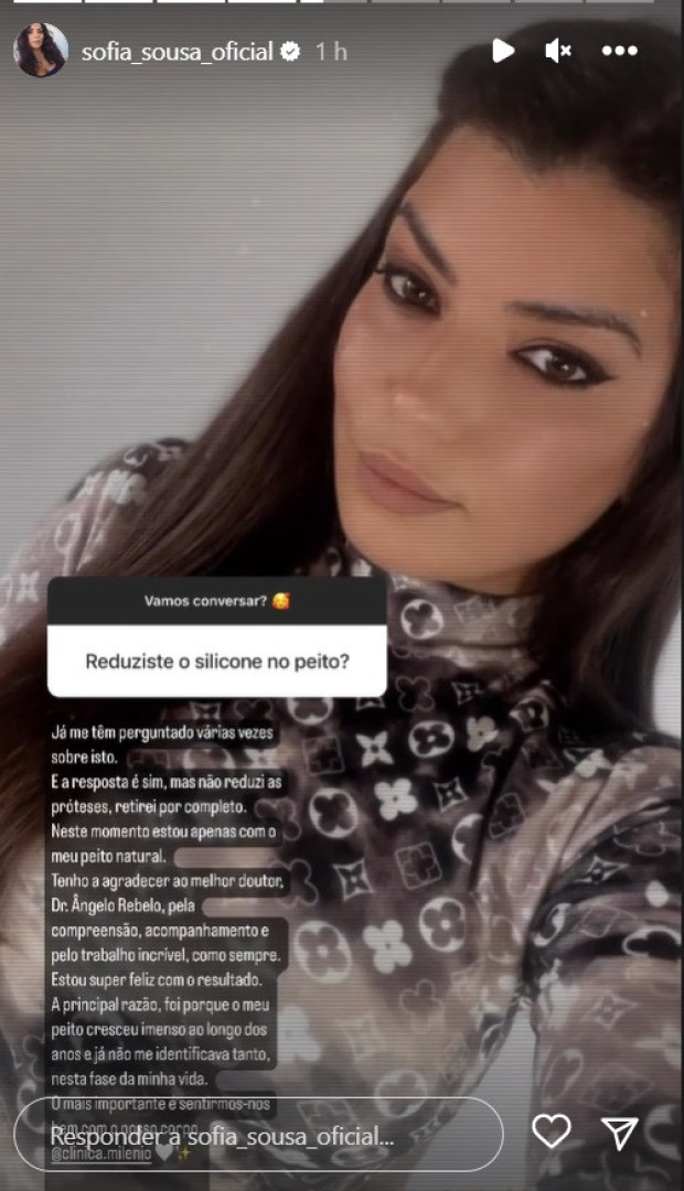 Sofia Sousa conta que retirou prótese mamária. "O peito cresceu imenso"