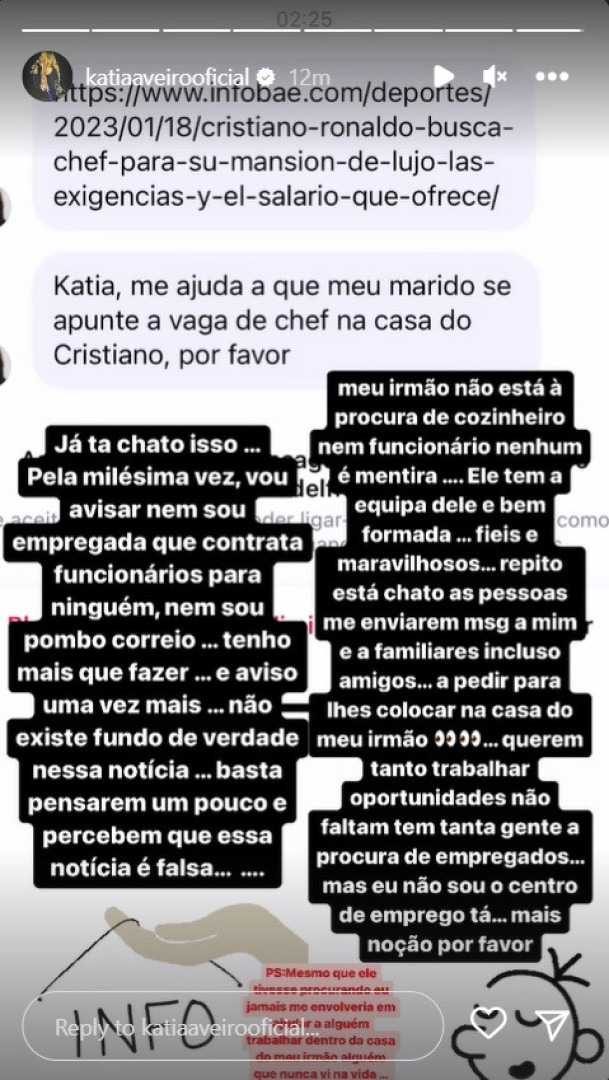 Trabalhar em casa de Ronaldo? Katia atira: "Não sou o centro de emprego"