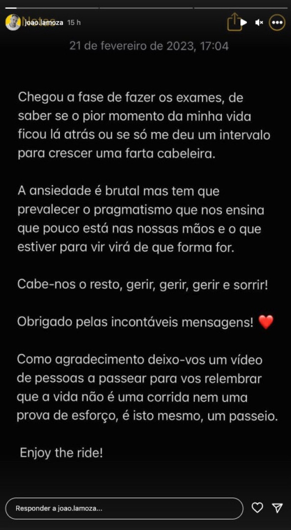 "Chegou a fase de fazer exames e saber se o pior momento ficou lá atrás"