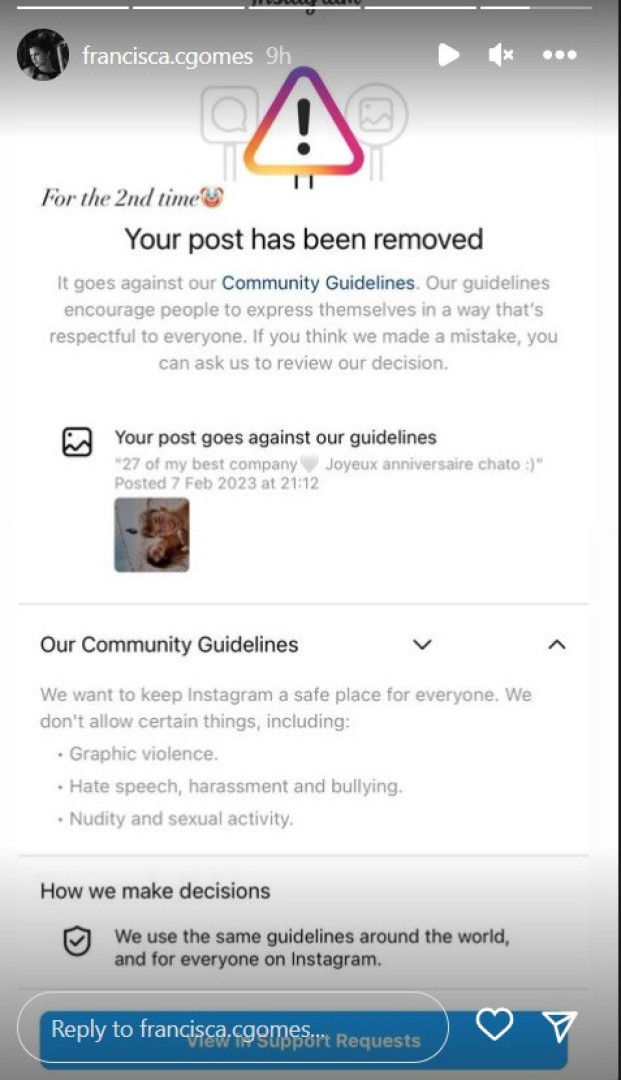 Instagram remove fotos de Francisca Cerqueira Gomes e do namorado