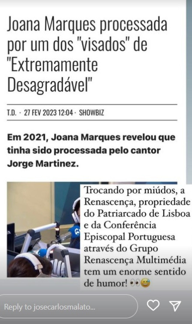 José Carlos Malato comenta processo em tribunal de Joana Marques
