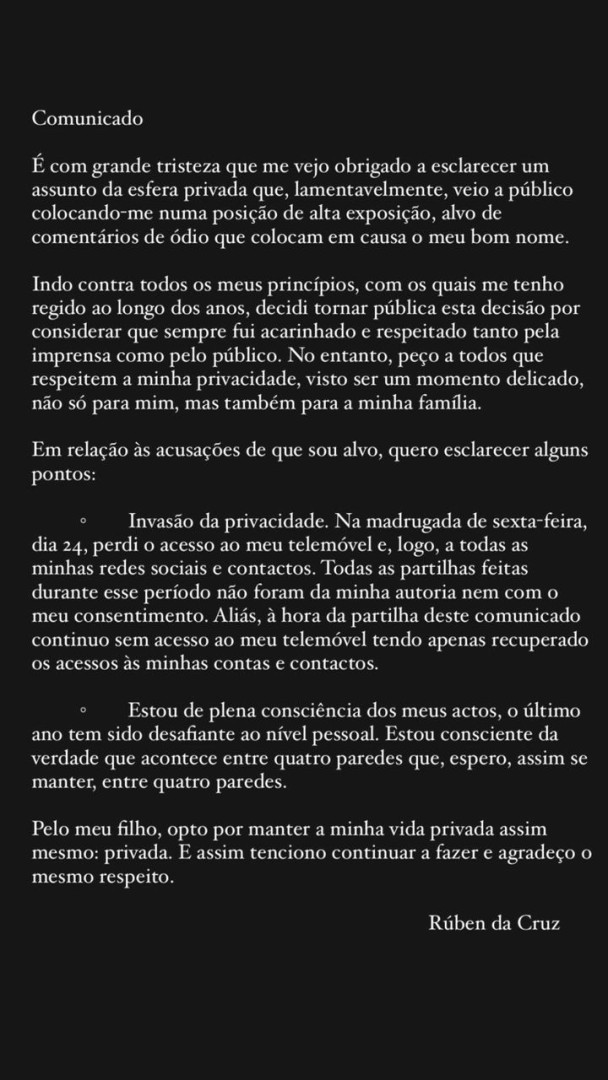 Rúben da Cruz reage após traição e fala em "invasão de privacidade"