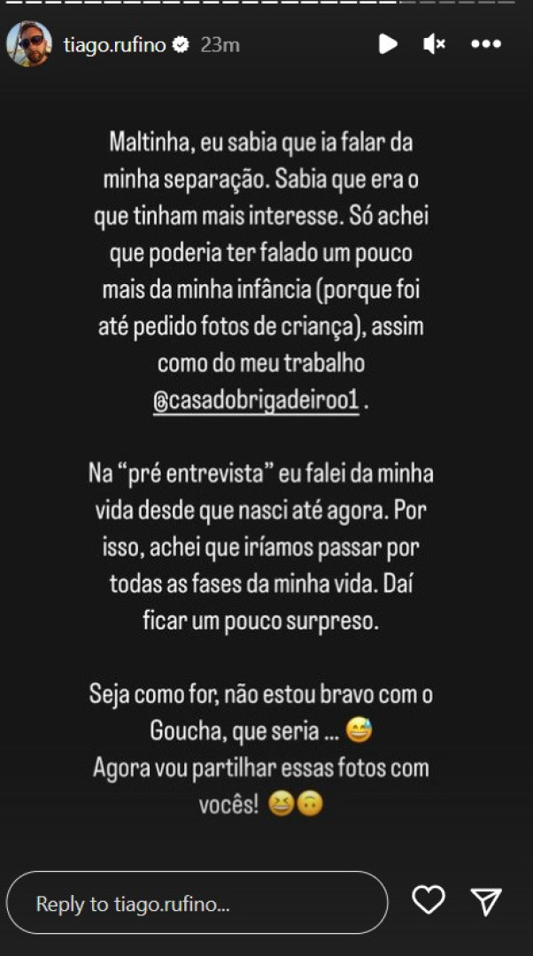 Tiago Rufino esclarece: "Não estou bravo com o Goucha"