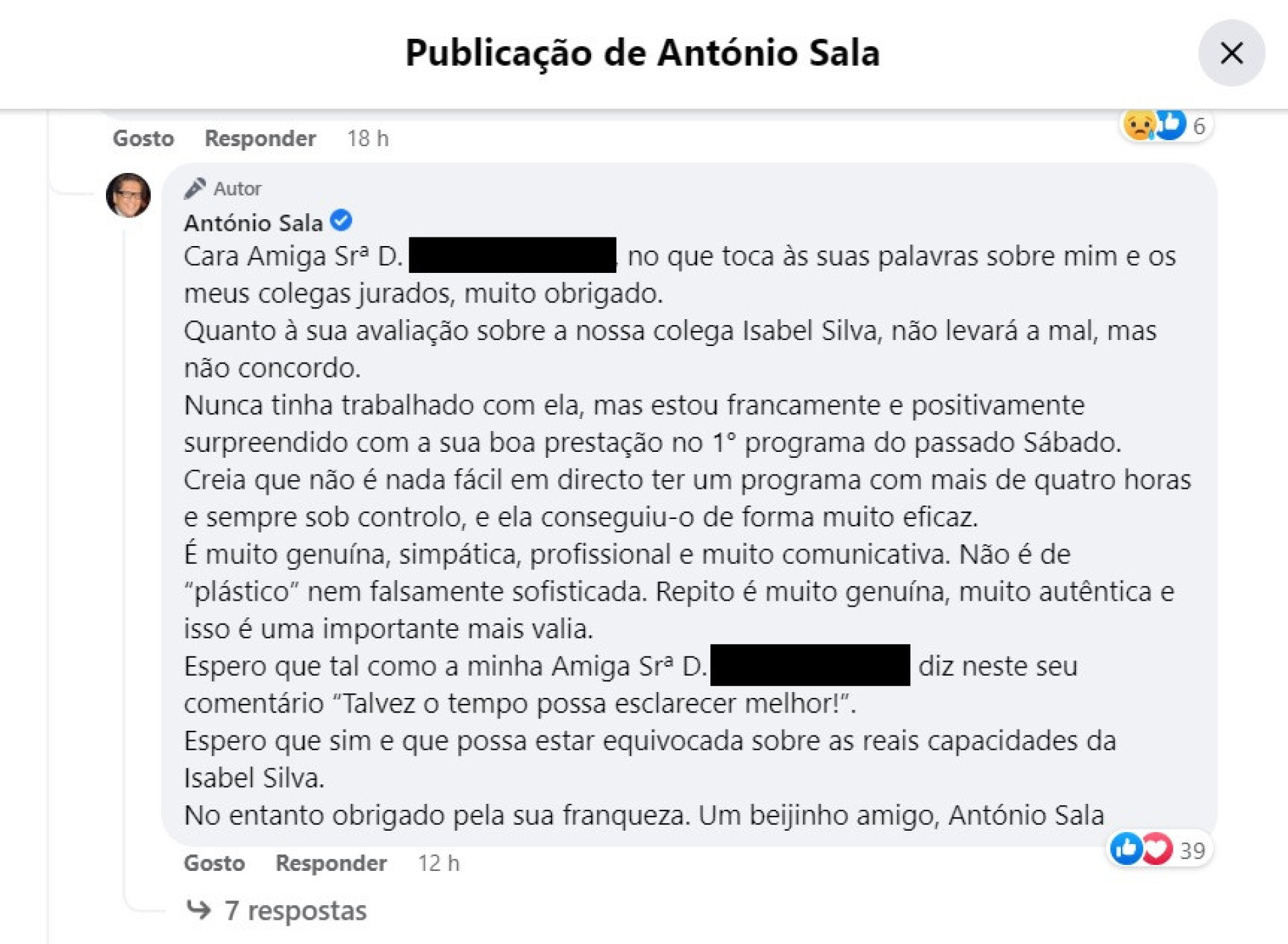 "Falta-lhe maneiras". António Sala defende Isabel Silva de duras críticas