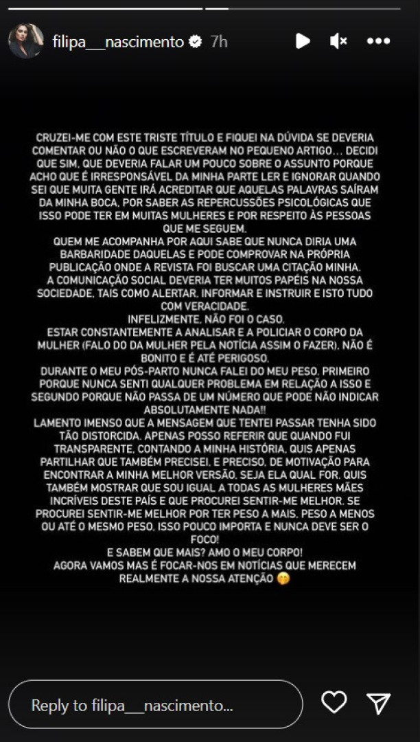 Filipa Nascimento explica por que nunca falou do seu peso após ser mãe