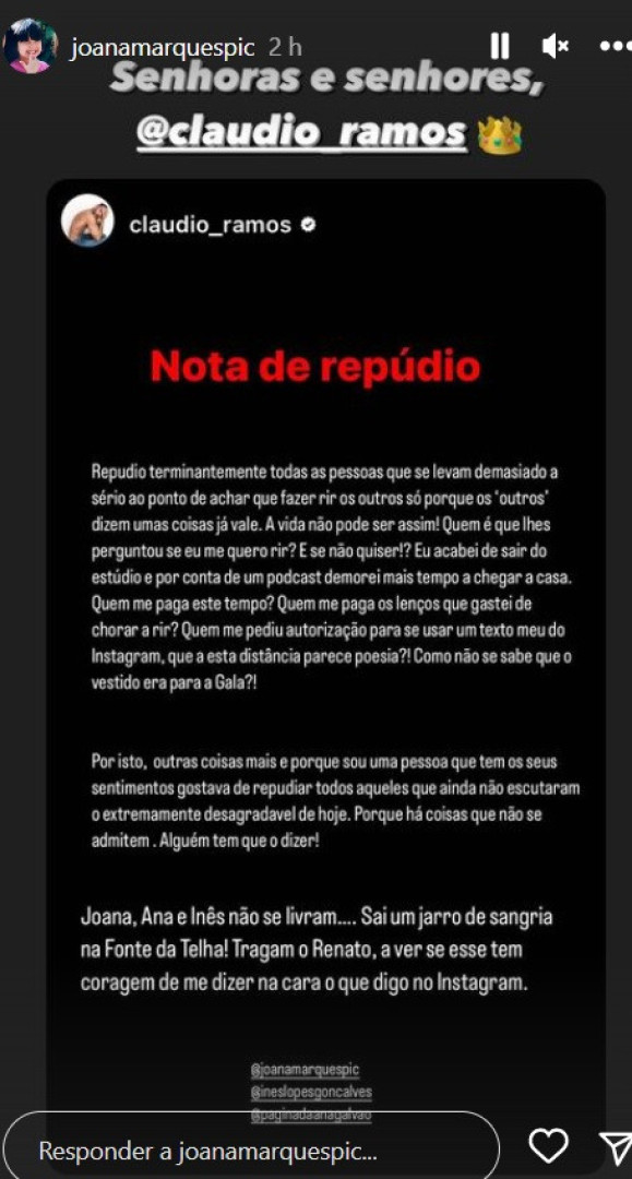 Joana Marques reage a "nota de repúdio" de Cláudio Ramos