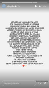 Júlia Palha esclarece: "Em momento algum quis atacar os humoristas"