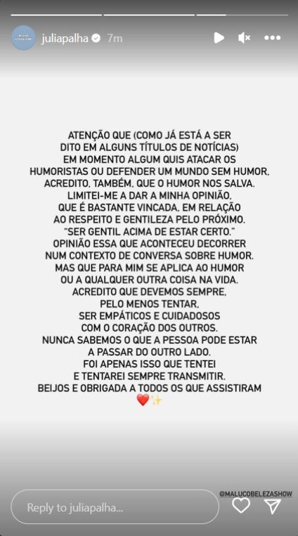 Júlia Palha esclarece: "Em momento algum quis atacar os humoristas"