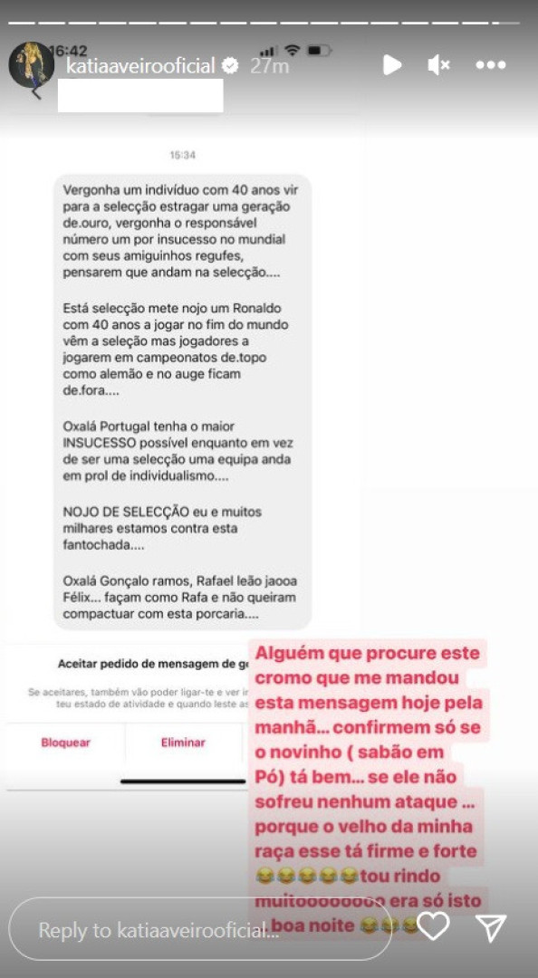 Katia Aveiro sobre 'hater' de Ronaldo: "Alguém que procure este cromo"