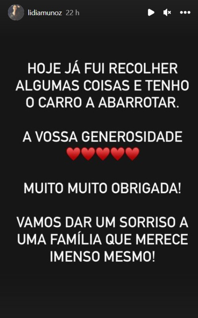 Lídia Muñoz agradece solidariedade. "Dar um sorriso a uma família"