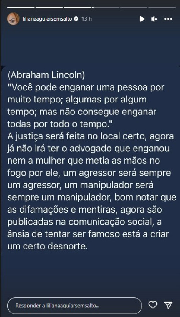 Liliana Aguiar atira nova indireta: "Um agressor será sempre um agressor"