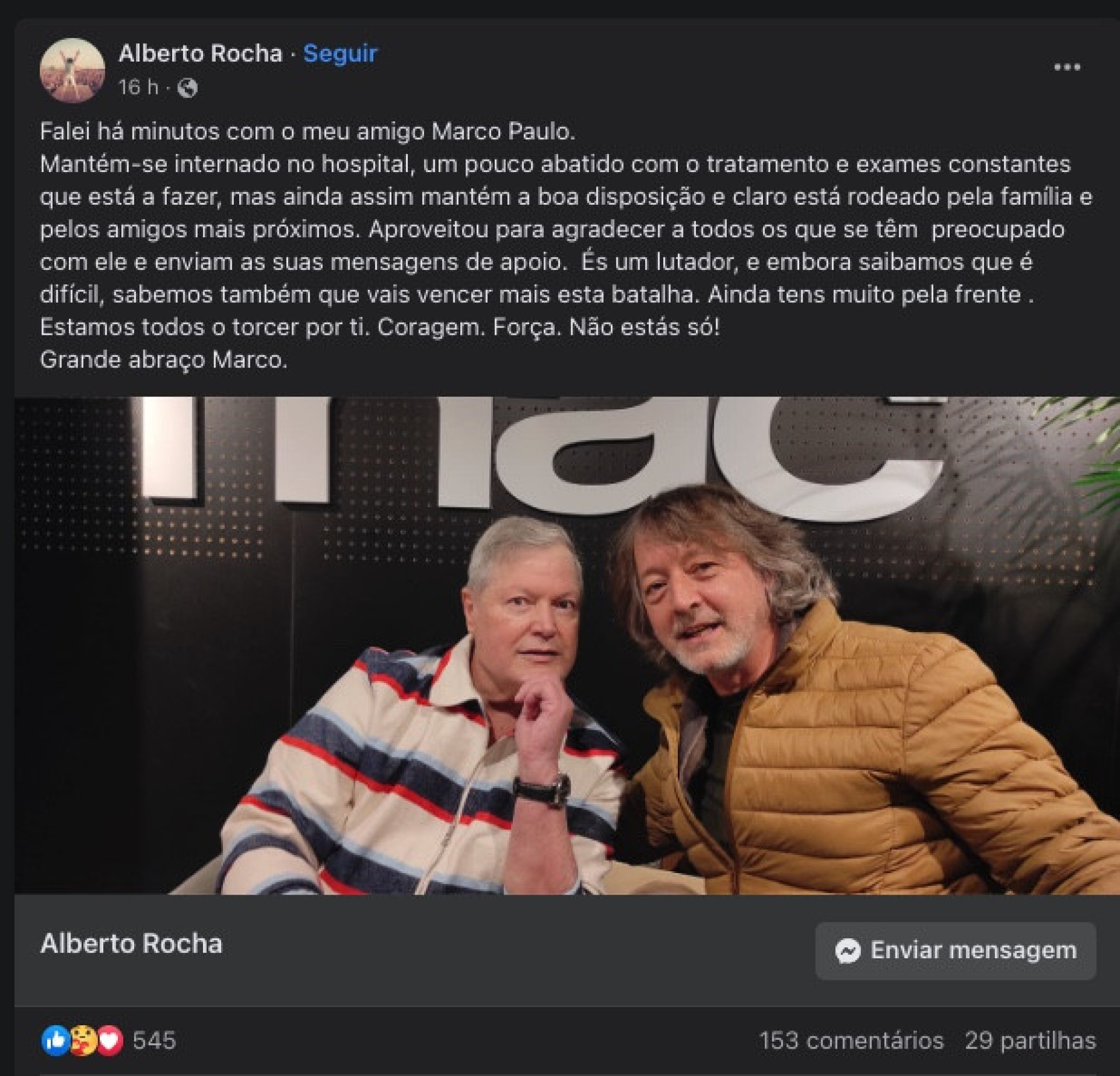 Novos detalhes sobre estado de saúde de Marco Paulo. "Um pouco abatido"