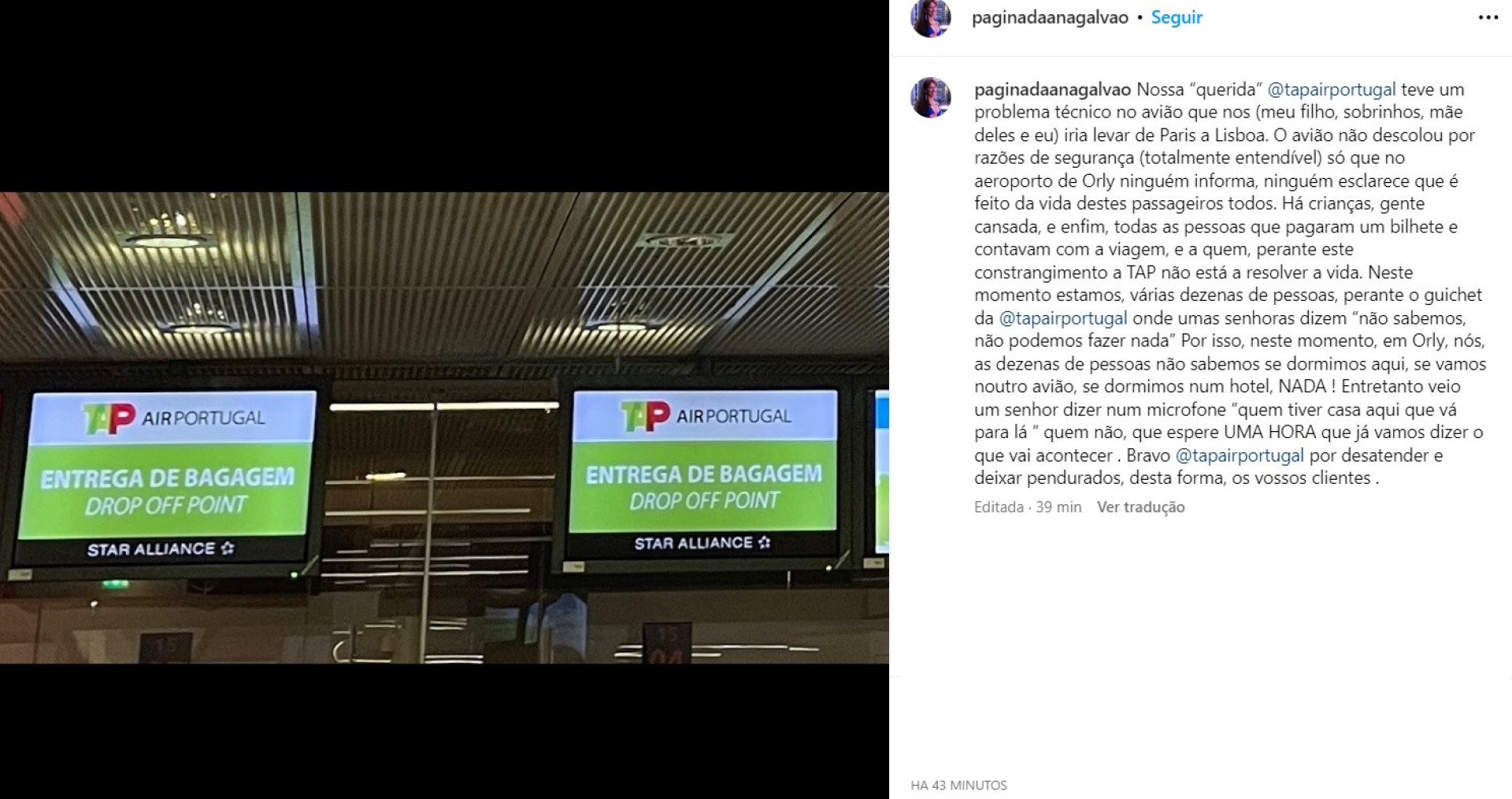 Ana Galvão faz queixa da TAP. "Há crianças, gente cansada"