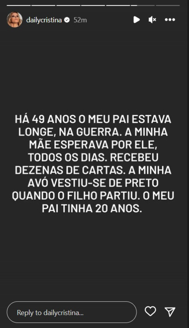 Cristina Ferreira: "Há 49 anos, o meu pai estava longe, na guerra"