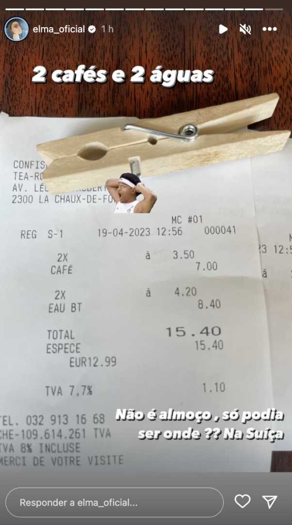 Elma Aveiro pagou 15,40€ por água e café na Suíça. Eis a reação