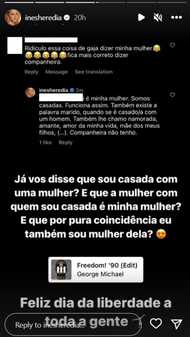 Inês Herédia responde a 'hater': "É minha mulher, somos casadas"