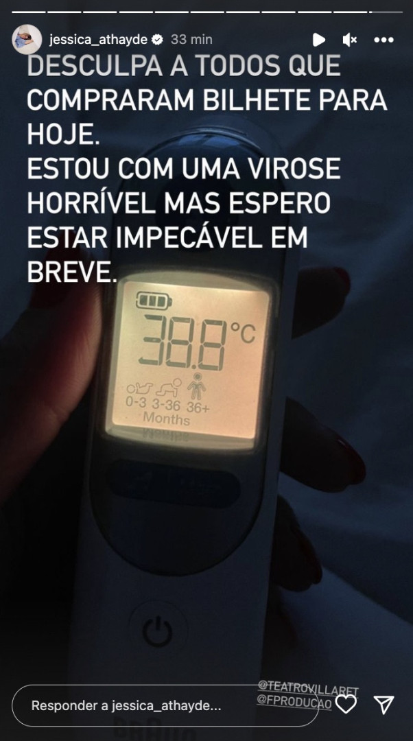 Jessica Athayde obrigada a cancelar espetáculo. Atriz está doente