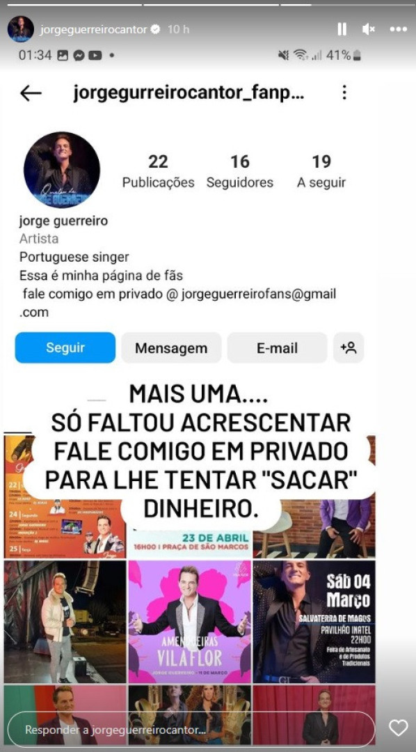 Jorge Guerreiro denuncia página falsa no Instagram