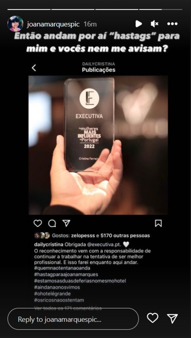 No Brasil, Joana Marques reage a "hashtags" de Cristina Ferreira