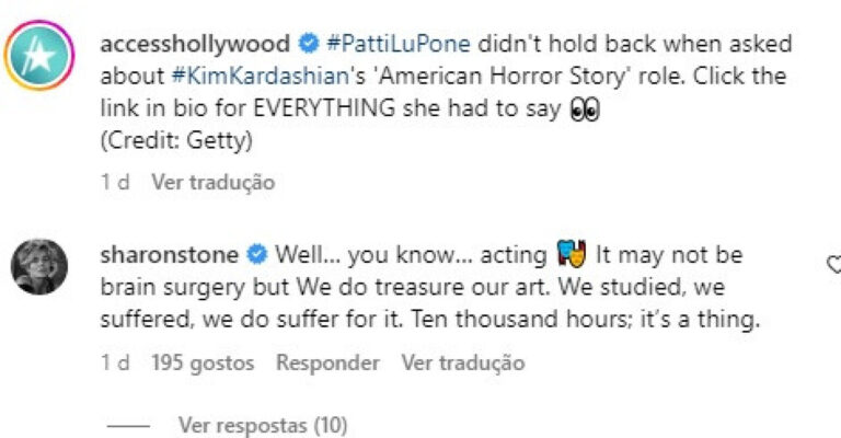 Patti LuPone critica escolha de Kardashian para série. Sharon Stone reage