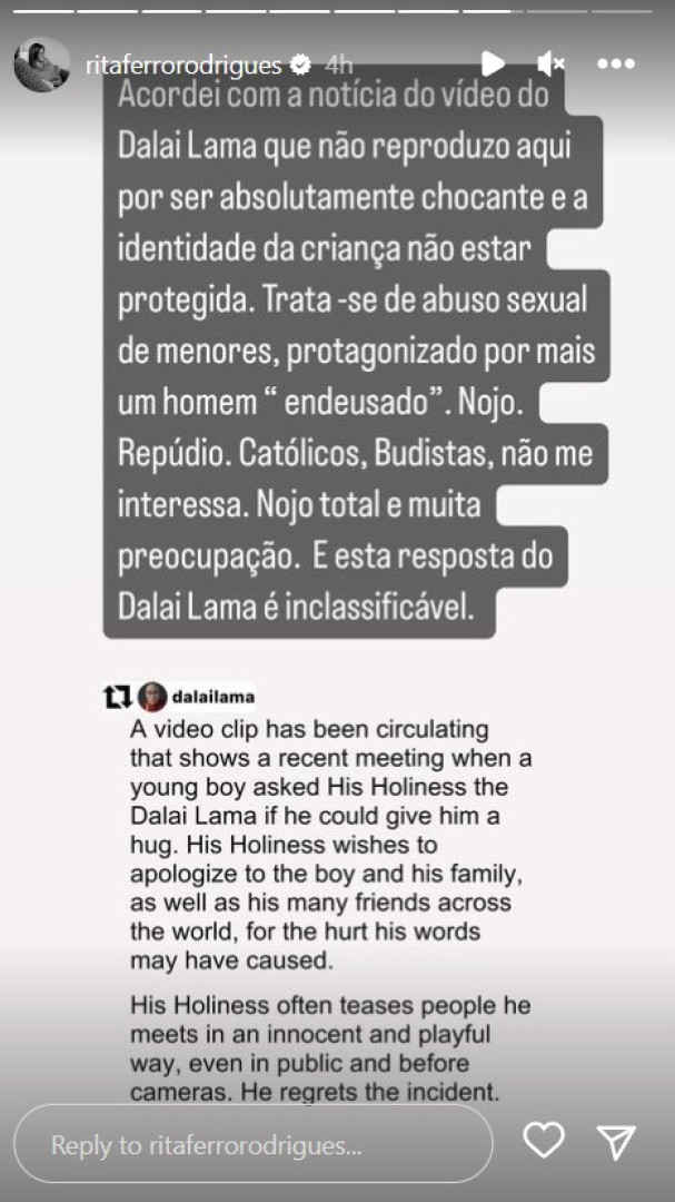 Rita Ferro Rodrigues sobre Dalai Lama: "É abuso sexual de menores"