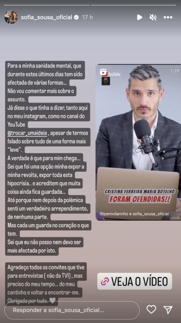 Sofia Sousa volta a criticar Botelho Moniz: "Não senti arrependimento"