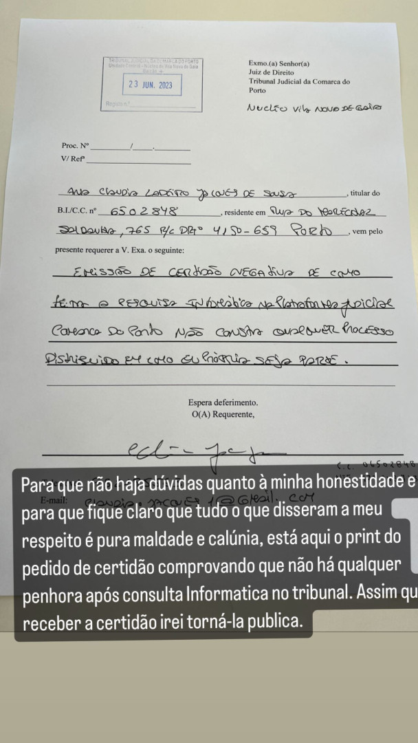 Cláudia Jacques apresenta provas de que não foi penhorada
