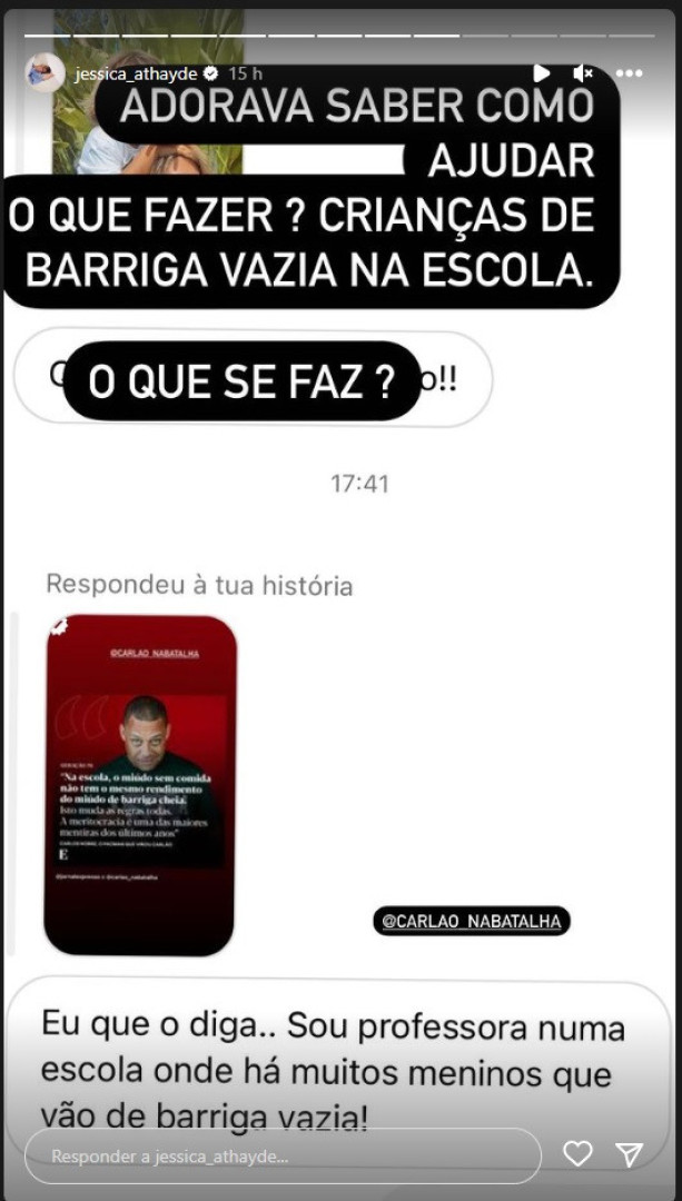 Jessica Athayde oferece ajuda a crianças com "barriga vazia" nas escolas