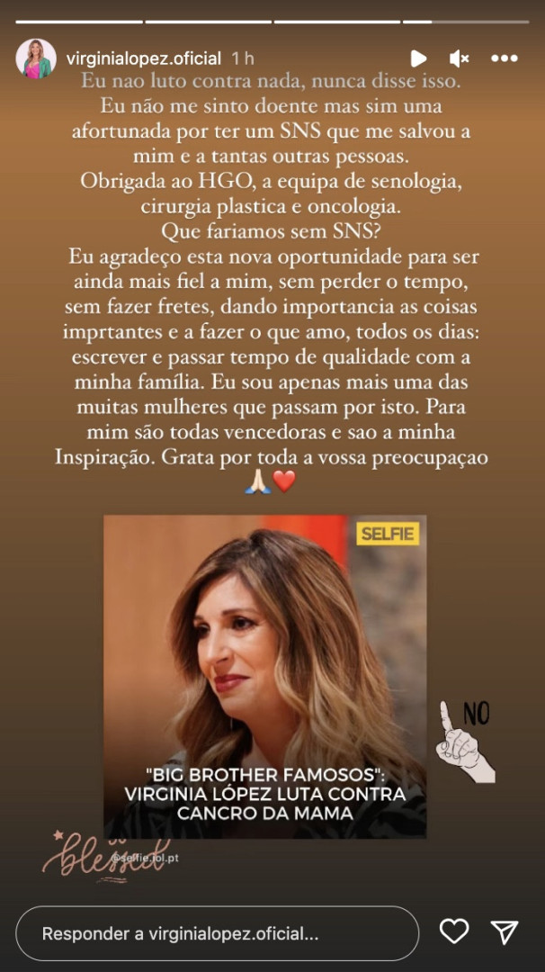 Luta contra cancro? Virgínia López esclarece: "Nunca disse isso"