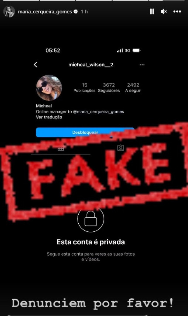 Maria Cerqueira Gomes denuncia página falsa no Instagram
