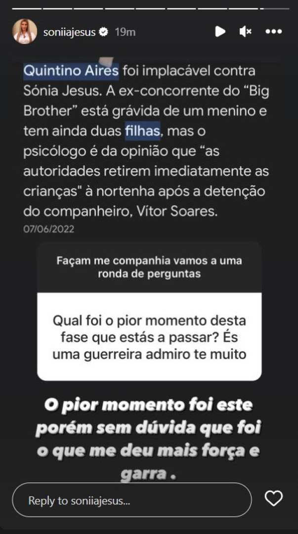 Sónia Jesus lembra polémica com Quintino Aires: "Pior momento"