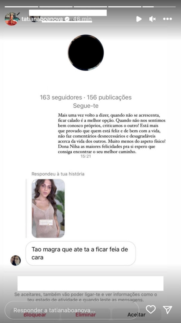 "Tão magra que até está a ficar feia de cara". Tatiana Boa Nova responde
