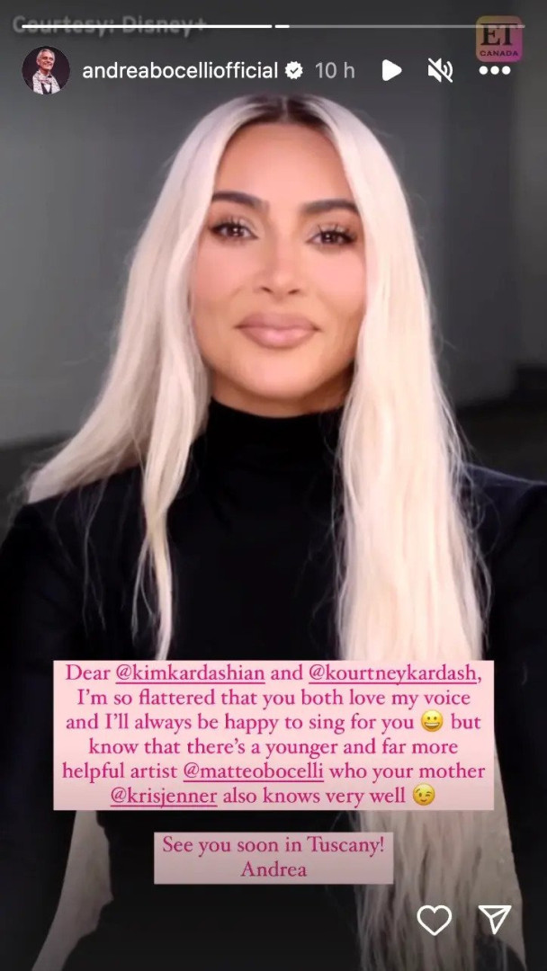 Andrea Bocelli reage a discussão de Kim Kardashian e Kourtney Kardashian
