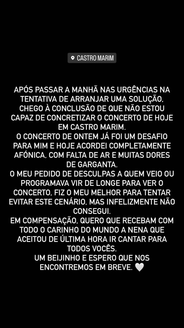 Bárbara Bandeira cancelou concerto após manhã nas urgências