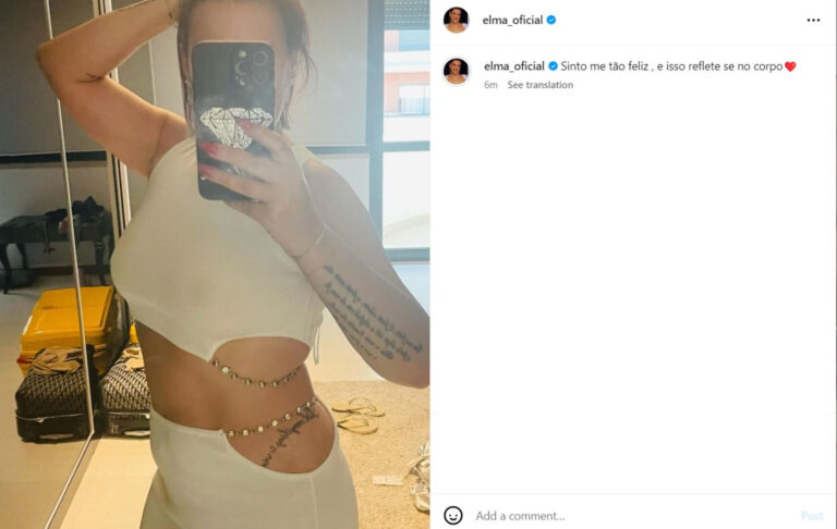 Confiante, Elma Aveiro exibe silhueta: "Reflete-se no corpo"