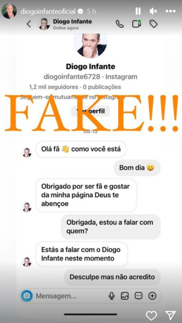 Diogo Infante mostra mensagens enviadas por página falsa