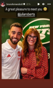 Julia Roberts vê jogo do Manchester United. Esteve com Bruno Fernandes