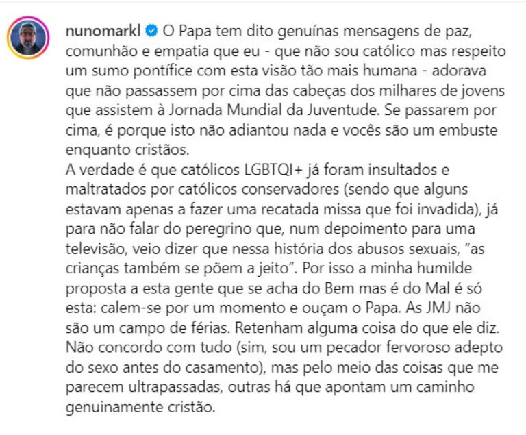 "A esta gente que se acha do bem mas é do mal: calem-se e ouçam o Papa"