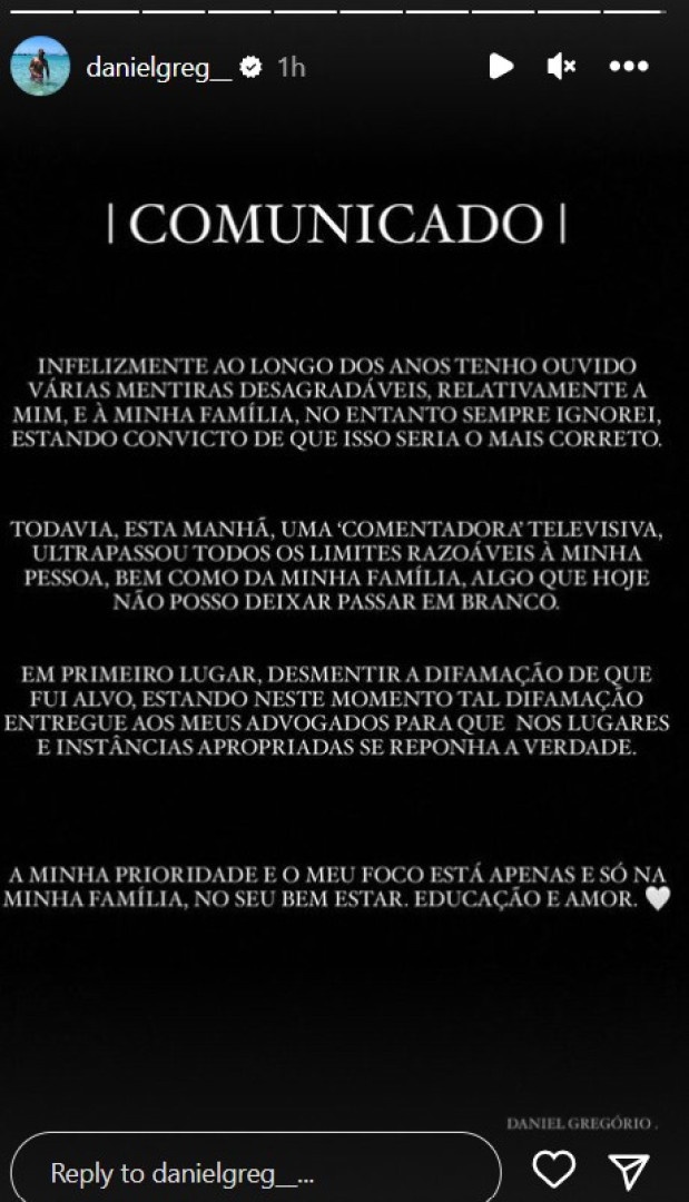 Daniel Gregório indignado com comentadora: "Desmentir a difamação"