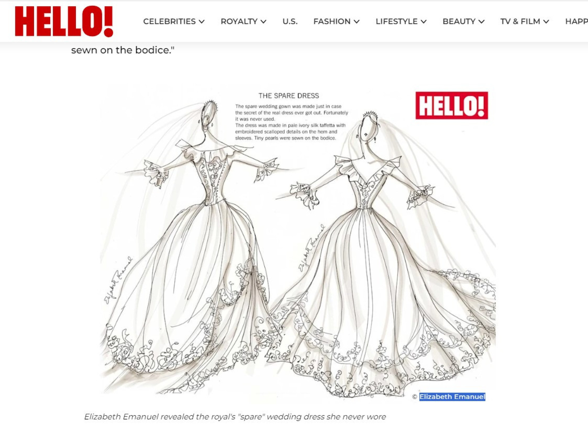 Estilista mostra desenho de vestido de noiva 'secreto' da princesa Diana