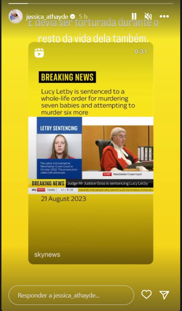 Jessica Athayde reage a caso de enfermeira que foi acusada de matar bebés