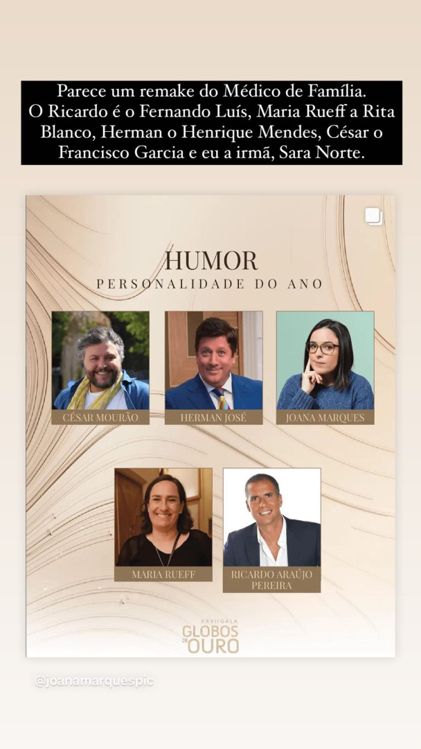 Joana Marques sobre os Globos: "Parece um remake do 'Médico de Família'"