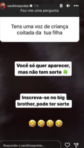 "Tens voz de criança. Coitada da tua filha". Sandrina Pratas criticada